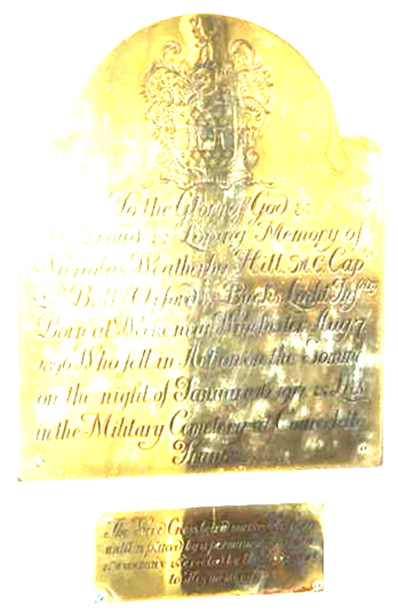 The brass memorial plaques to Captain Nicholas Hill,in St Andrew’s Church, Donhead, near Salisbury