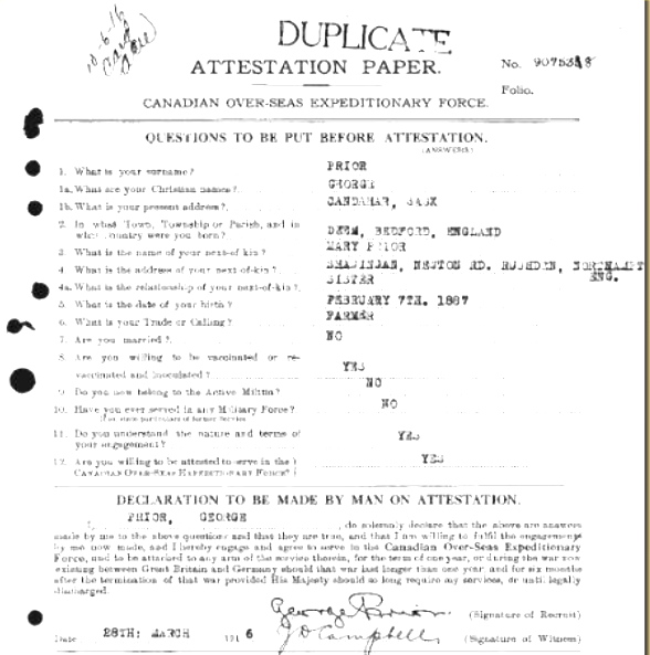 George Prior’s attestation paper